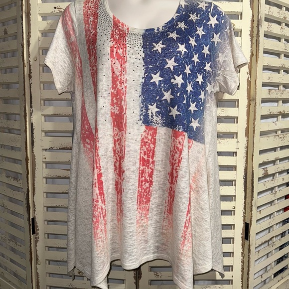 LN~VOCAL Womens PLUS SIZE CRYSTAL TAUPE AMERICAN FLAG RED BLUE TUNIC SHIRT 1X. - Picture 4 of 6